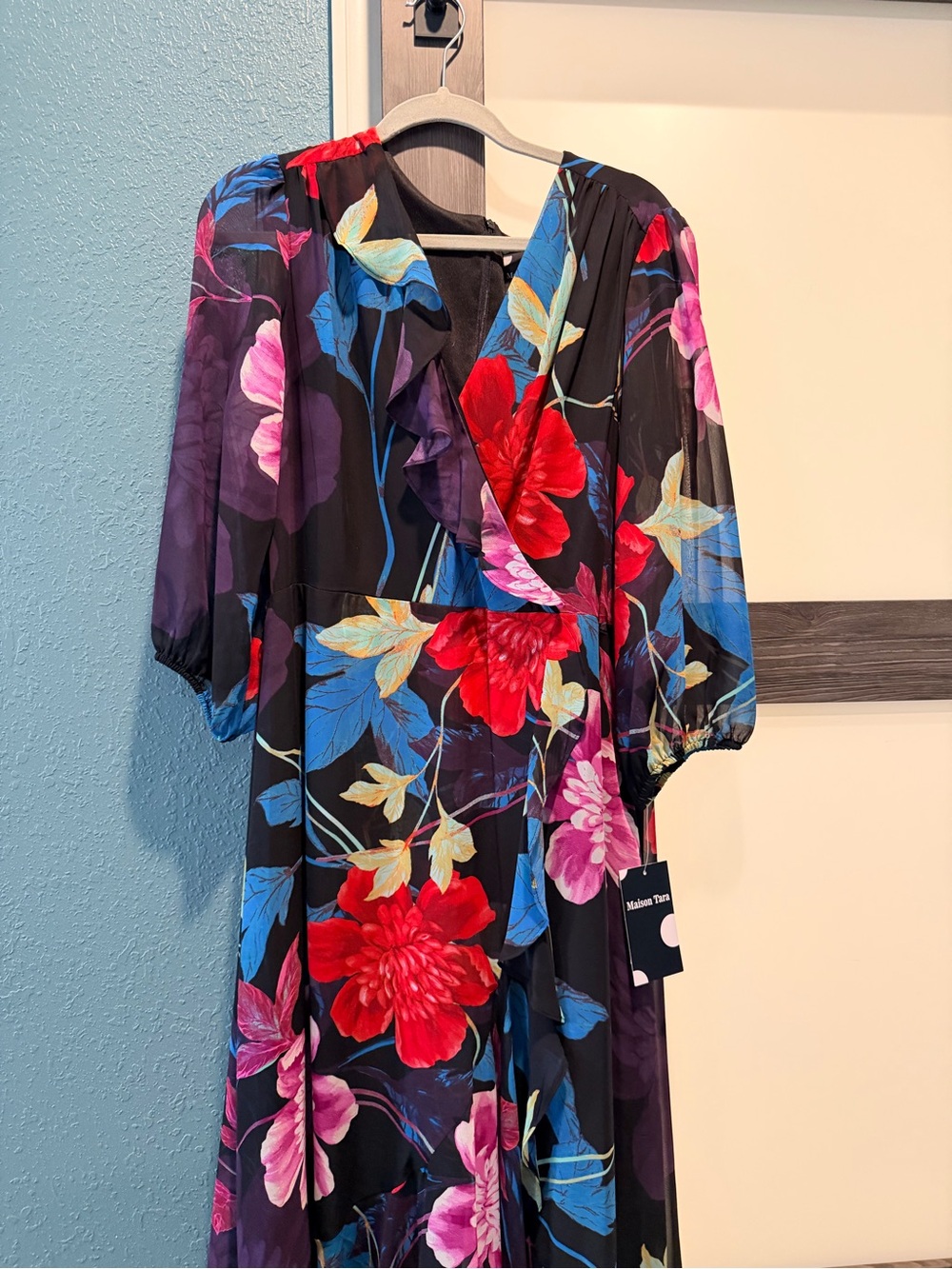 Maison Tara Black Floral Midi Dress with Red, Blue & Pink Blooms
